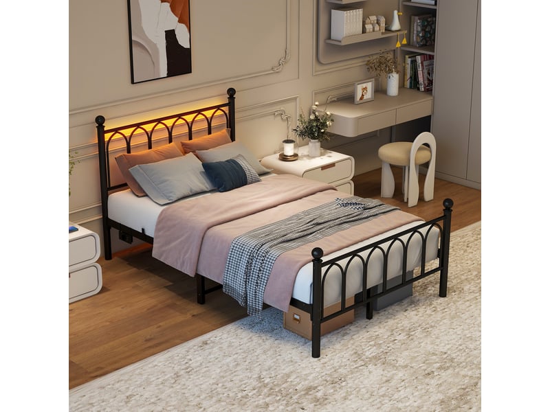  Lit simple 120x200 cm avec led et usb-c, cadre de lit adulte en métal avec tête et pied de lit vintage, lit 1 personne, noir  - Conforama E