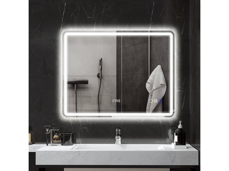 Miroir de salle de bain led 70x90 cm, miroir mural avec fonction musique bluetooth, horloge intégrée, anti-buée ip44 et 3 couleurs d'éclairage. - Conforama A