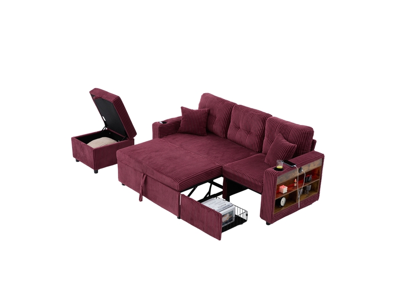  Canapé 3 places 196x82–144x85cm, lumières led, prise usb‑c intégrée, coussins moelleux, velours côtelé rouge bordeaux  - Conforama A