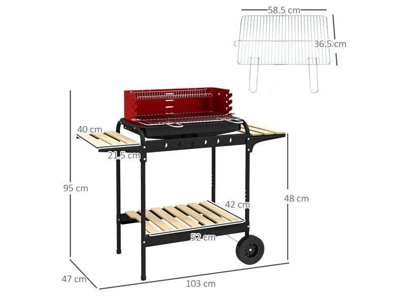 Barbecue au charbon avec grille réglable et 3 étagères (métalbois) – 103 x 47 x 95 cm – rouge  - Conforama E