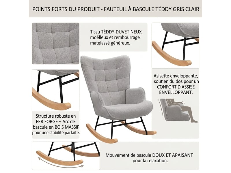  Chaise à bascule, fauteuil a bascule avec polaire sherpa, allaitement fauteuil pour salon, chambre, balcon, gris clair  - Conforama D