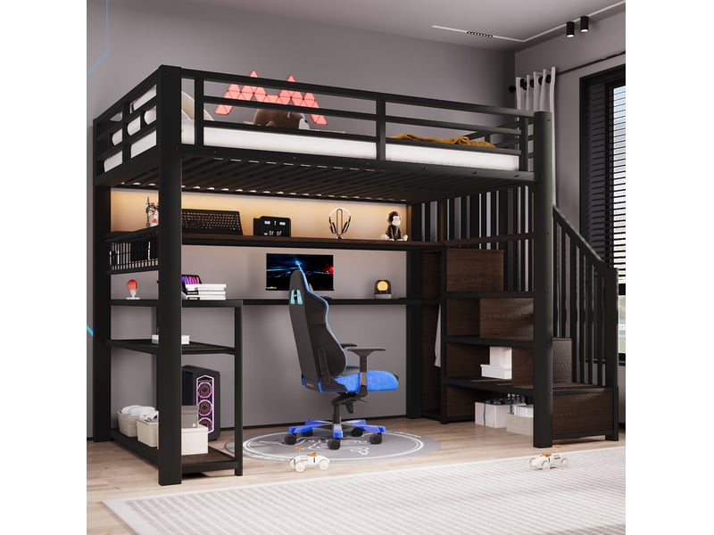  Lit mezzanine 90 × 200 cm avec bureau, armoire, étagères, escalier de rangement et éclairage led, noir, chambre  - Conforama E