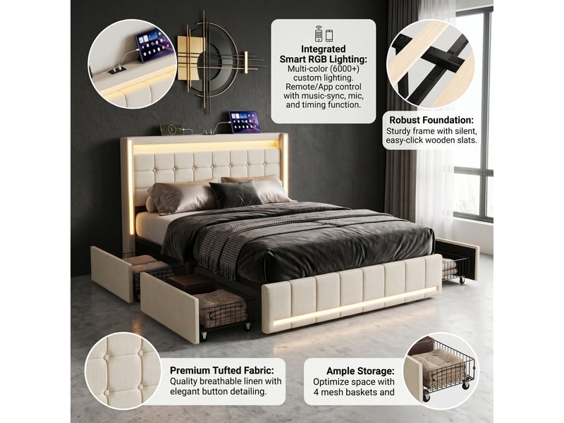 Dreammespace lit double adulte 140x200 cm avec 4 tiroirs et prises usb type-c cadre led multicolore sommier à lattes tissu lin beige DreamMespace - Conforama D