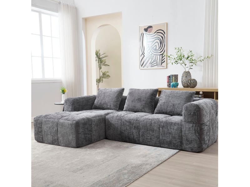 Canapé d'angle modenvie 3 places modulable avec méridienne en chenille gris 250 x 158 cm - Conforama E