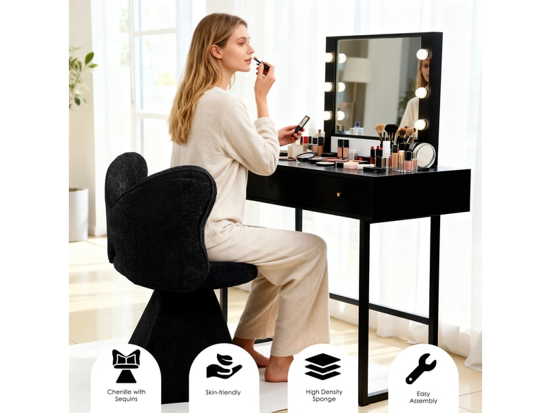 Chaise pivotante sans accoudoirs avec dossier papillon, rotation 360° en velours chenille noir, 52×52×46 cm  - Conforama C