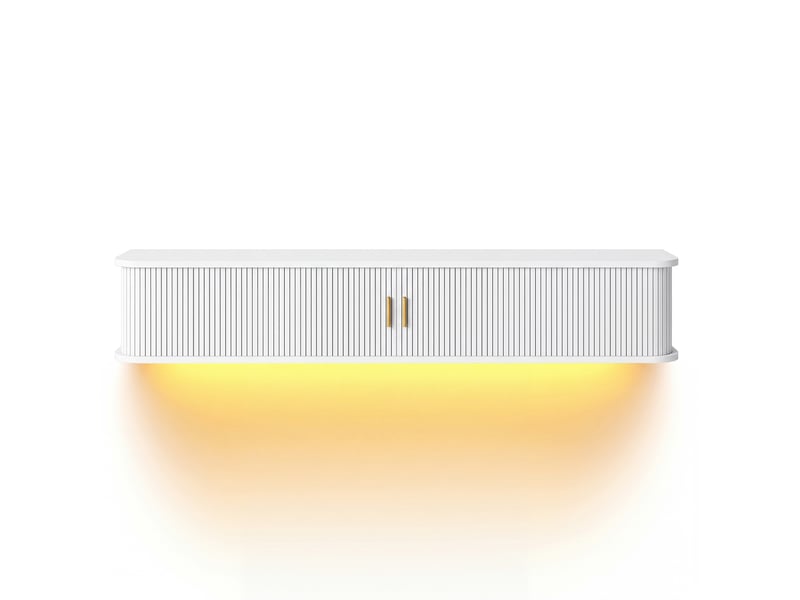  Meuble tv mural 175x30x30 cm avec led réglable par application, mdf blanc  - Conforama A