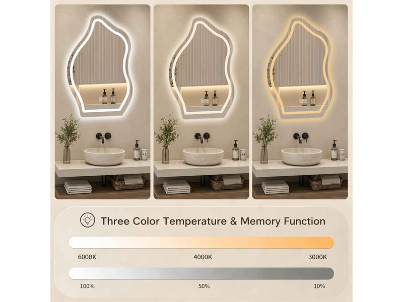 Miroir led 70 x 50 cm blanc en verre argenté sans cuivre forme goutte irrégulière tactile anti buée éclairage réglable salle de bain - Conforama B