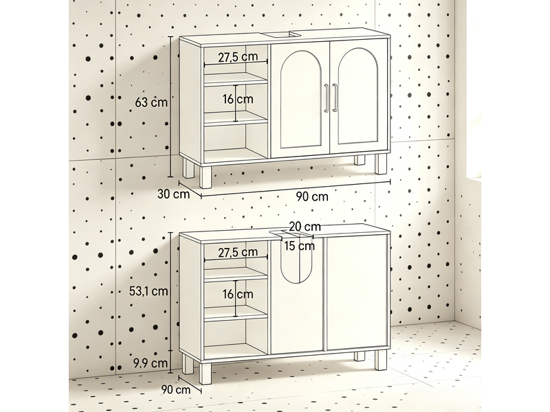  Meuble sous vasque 2 portes, 3 étagères ouvertes, rangement réglable, salle de bain, mdf crème 90 × 30 × 63 cm  - Conforama C