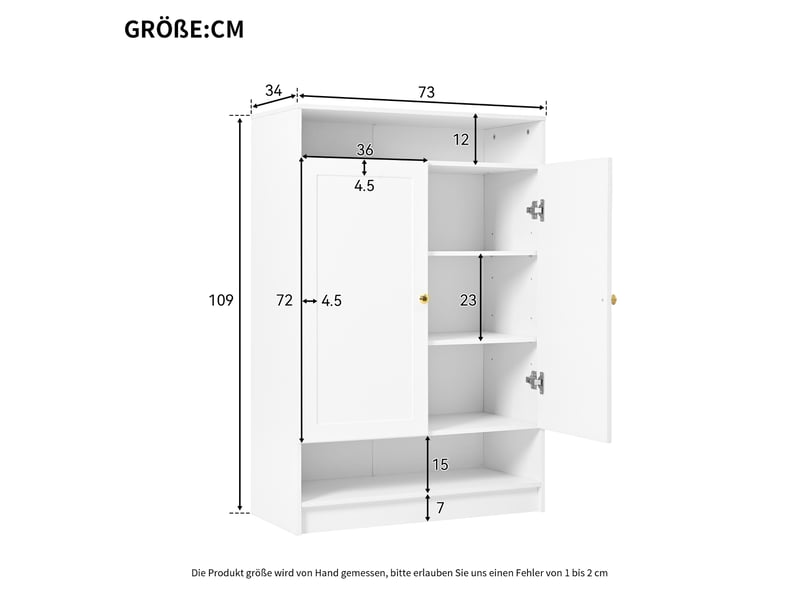  Meuble à chaussures ulevr 2 portes avec rangement, étagères réglables, 146 x 34 x 109 cm, panneaux de particules blancs et poignées dorées  - Conforama C