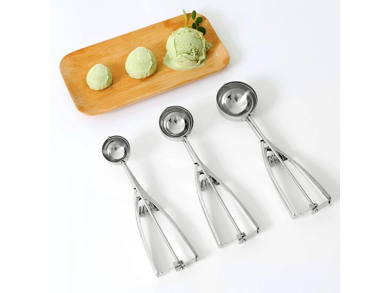 Lot de 3 cuillères à glace en acier inoxydable avec déclencheur - différentes tailles - pour glace, pâte à gâteau, melon, biscuits, fruits - Conforama E