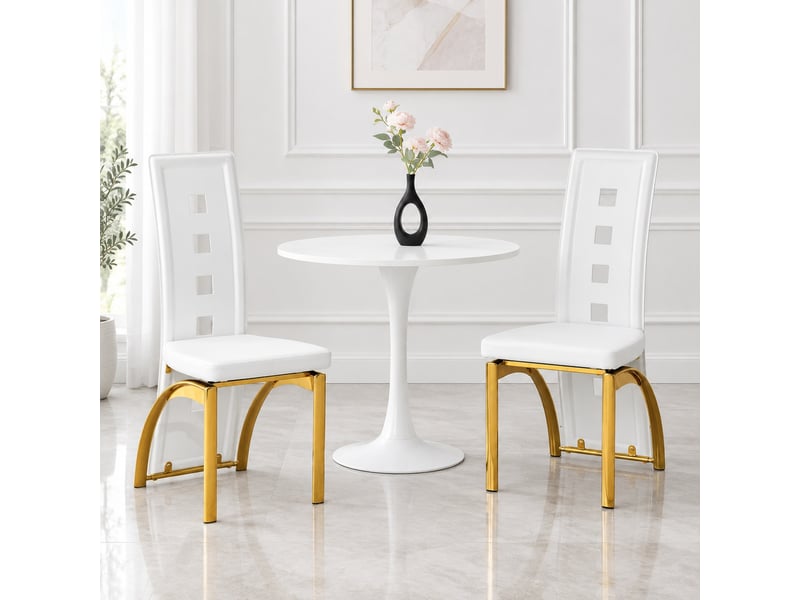  Lot de 2 chaises de salle à manger blanches et dorées en pu et métal, 43 x 49 x 102,5 cm  - Conforama D
