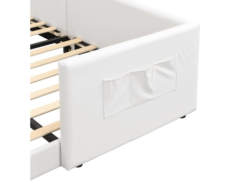 Lit rembourré 140 x 200 cm, lit enfant simple avec 3 poches de rangement pratiques, pu + contreplaqué, blanc  - Conforama E