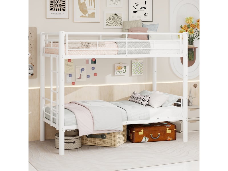 Lit superposé 2 x 90 x 190 cm en métal convertible en 2 lits simples, échelle et garde-corps, blanc, 196 x 103 x 156 cm Fay Lum - Conforama B