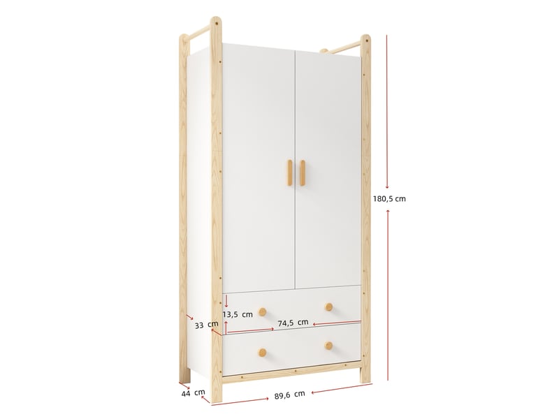  Armoire 2 portes avec penderie et 2 tiroirs 90 x 45 x 180 cm blanc et bois  - Conforama C