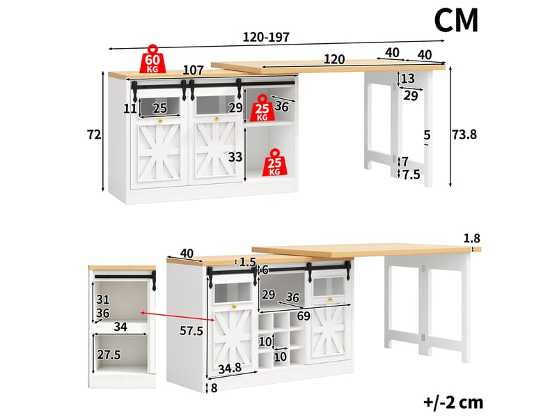 Îlot de cuisine blanc extensible 120-197 cm avec table pivotante et led rgb - Conforama C