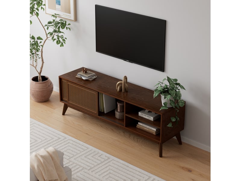  Meuble tv tcqpz vintage en rotin 150 cm pour tv jusqu'à 65 pouces bois foncé mdf avec portes coulissantes et rangements  - Conforama E