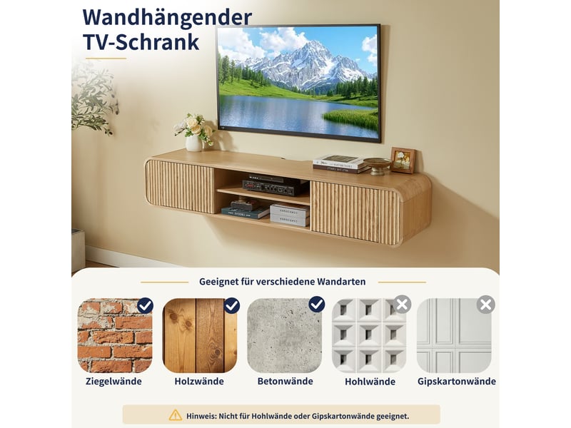  Meuble tv mural suspendu 160 cm avec niches ouvertes, portes rainurées, coins arrondis, passe-câbles intégré, finition bois naturel, pour salon  - Conforama E