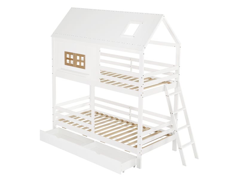  Lit superposé maison 90x200 cm, lit enfant avec toit, fenêtres, tiroirs et échelle, mdf, blanc et naturel, sans matelas  - Conforama E