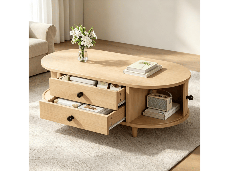  Table basse bois clair avec portes coulissantes, table de salon avec 2 tiroirs et pieds en bois massif, 100x50x36 cm  - Conforama R