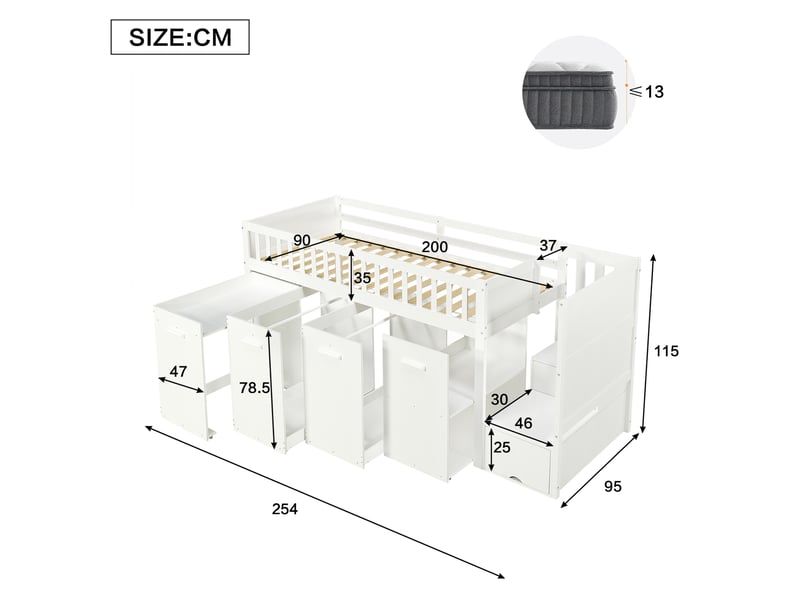 Lit superposé enfant 90x200 cm avec bureau coulissant et rangements, blanc - Conforama E