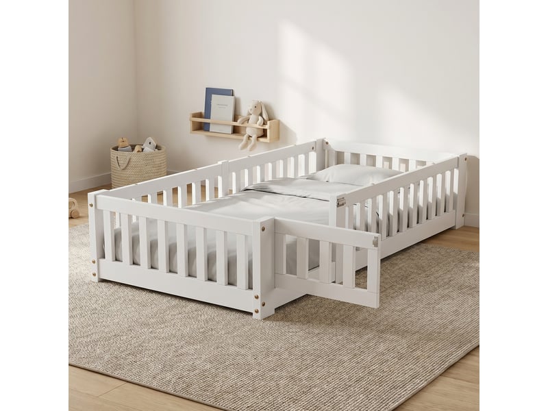  Lit simple 90x190 cm, lit au sol montessori avec barrières et porte amovible, lit enfant, sommier inclus, bois, blanc  - Conforama B