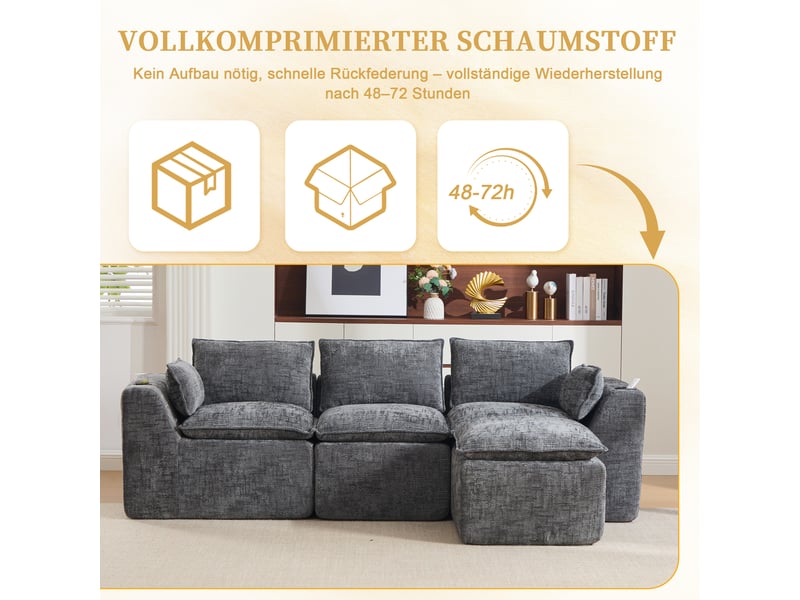  Canapé modulable compression d'angle en l,256x161x75cm,velours côtelé,canapé 3 places avec pouf,porte-gobelets,poches latérales,sans montage,gris foncé  - Conforama E