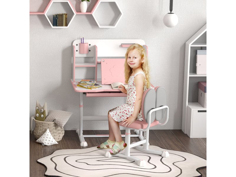 Ensemble bureau et chaise pour enfants de 3 ans et plus, hauteur réglable, plateau inclinable, 80 x 55 x 107,5 cm, rose - Conforama B
