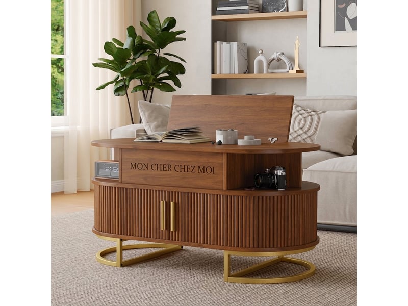  Table basse relevable ovale avec rangement caché, portes coulissantes, mdf, couleur noyer  - Conforama E