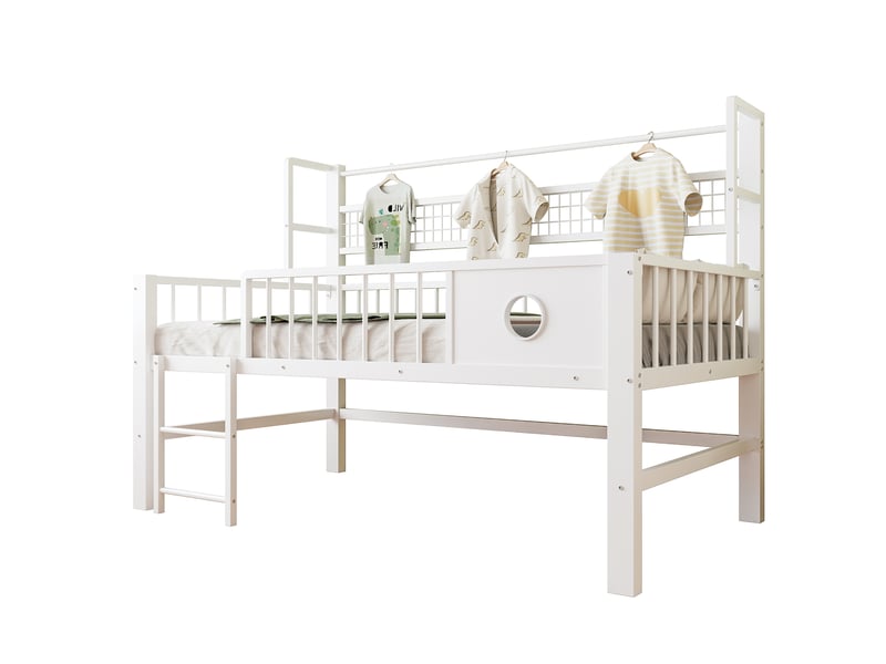  Lit mezzanine bas enfant 90 x 200 cm avec rangement, métal et mdf, blanc  - Conforama A