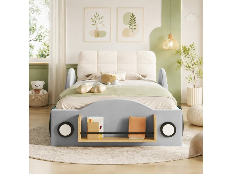  Lit coffre enfant simple 90×200 cm avec rangement hydraulique et poches - okmyhome- gris, sans matelas  - Conforama C