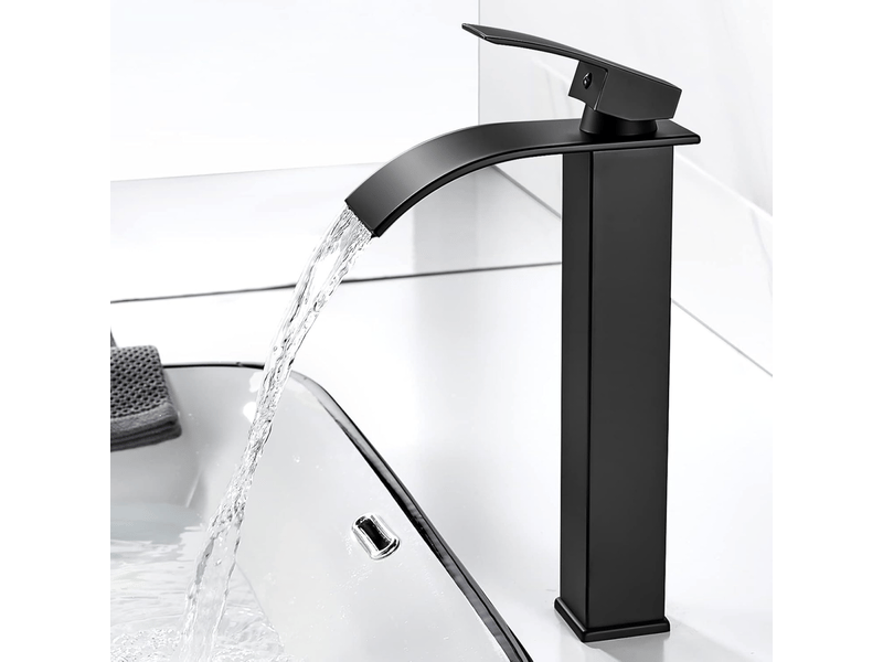  Robinet de lavabo moderne à haute cascade, design élégant, robinet de lavabo à levier unique en laiton, eau chaude et froide, noir  - Conforama A