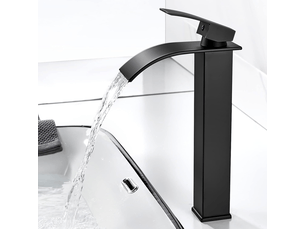 Robinet de lavabo moderne à haute cascade, design élégant, robinet de lavabo à levier unique en laiton, eau chaude et froide, noir
