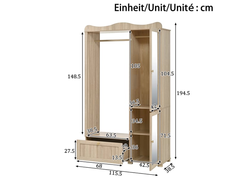 Armoire penderie 115,5x38,5x194,5 cm – bois clair – miroir intégré, rangement ouvert et tiroirs - Conforama C
