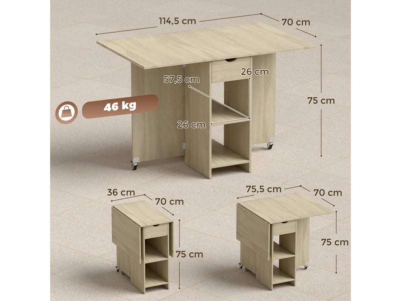  Table de salle à manger pliante pour 2 à 4 personnes, table roulante avec compartiment ouvert et tiroir, idéale pour les petits espaces, naturelle  - Conforama E