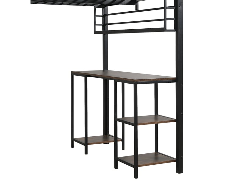  Lit mezzanine 120x200 cm en fer et bois avec bureau intégré, rangement et échelle 4 marches, noir et noyer  - Conforama R