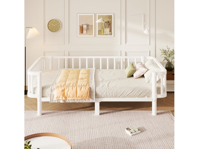  Lit banquette 1 place 90 × 200 cm, structure en acier, usage canapé et lit, sans matelas, blanc  - Conforama D