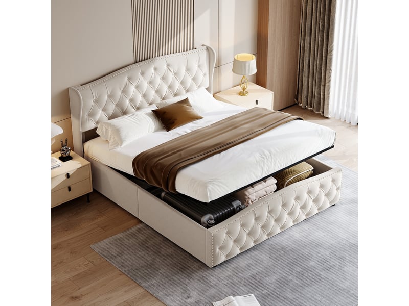  Lit coffre 140x200cm - lit double 140x200 avec tête de lit capitonnée vague, rivets, coffre &amp; velours - beige  - Conforama C