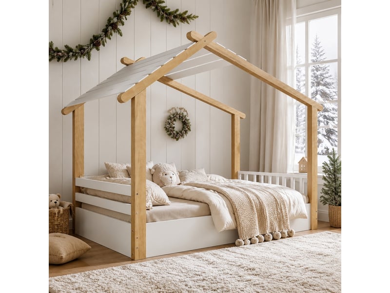  Lit enfant 90x190 cm forme maison en bois blanc et coloris naturel  - Conforama B