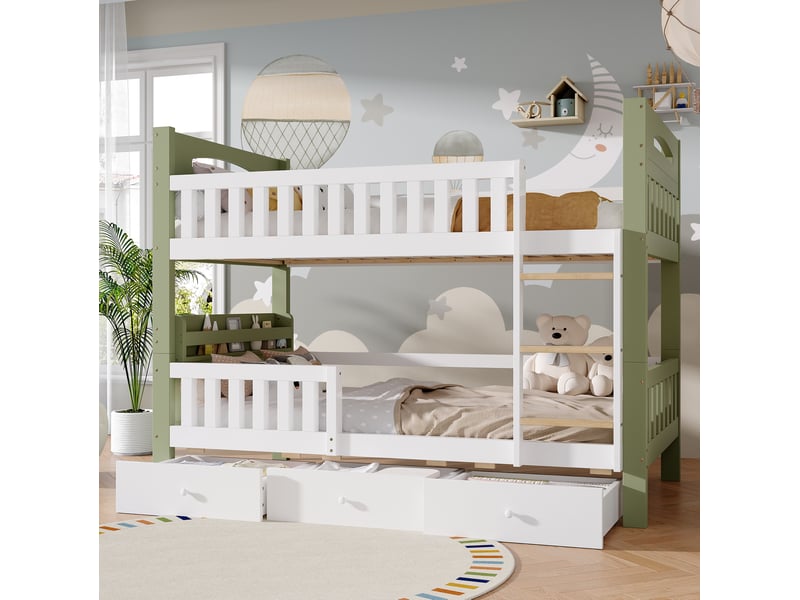  Lit superposé enfant modenvie 2 couchages 90 x 200 cm avec échelle, barrière de sécurité, étagère et 3 tiroirs, blanc et vert  - Conforama B