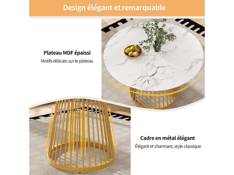  Table ronde ø 80 cm, table de salle à manger, effet marbre, pieds en métal, mdf, blanc et doré  - Conforama E