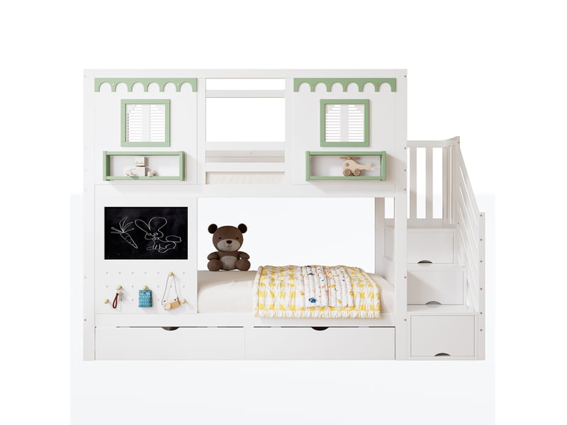  Lit superposé enfant 90x200 cm avec rangement, étagères, crochets, chambre d'enfant, mdf, blanc et vert sans matelas  - Conforama A