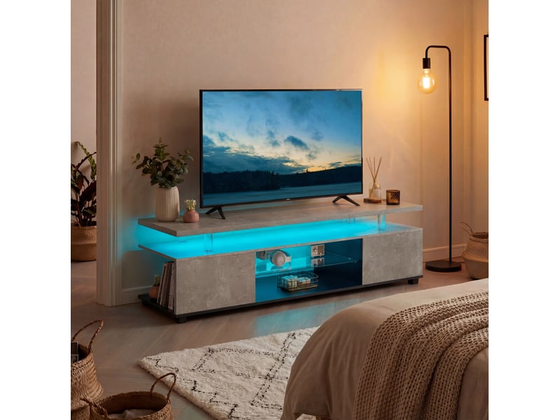  Meuble tv tcqpz 130 x 40 x 48 cm pour tv 60 pouces led multicolore rangement gris et noir  - Conforama B