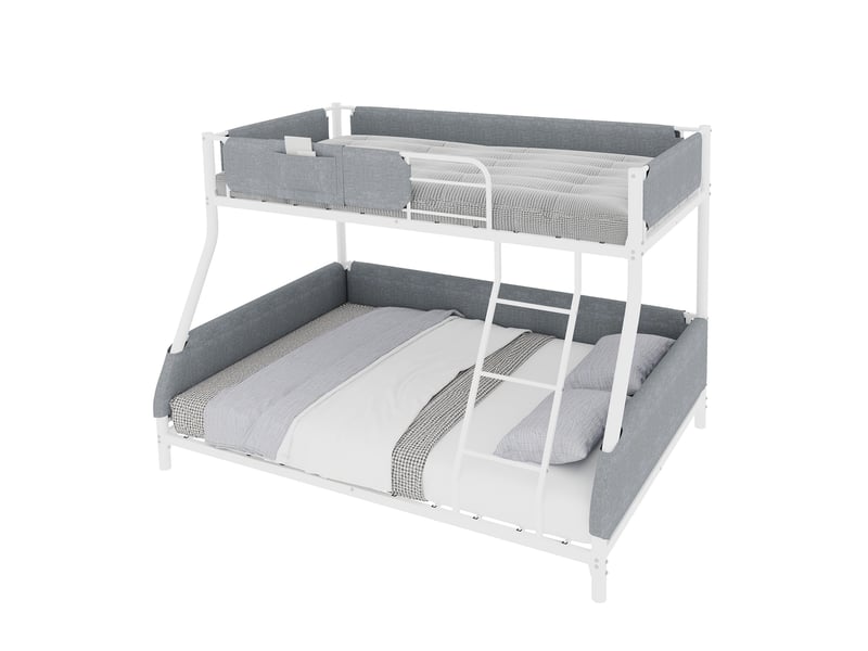  Lit superposé 90x190 + 140x190 cm en métal avec poche de rangement en tissu, barrières rembourrées et échelle - blanc  - Conforama A