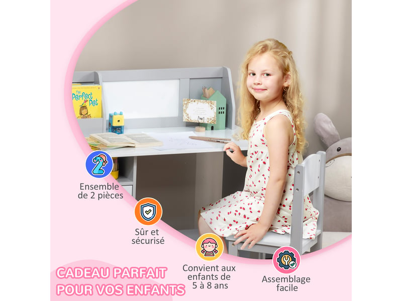  Ensemble table et chaise pour enfant avec tableau blanc - 90l x 45l x 85h cm gris - bureau pour enfant +5 ans  - Conforama R