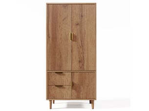 Armoire de chambre 3 portes 80x50x177 cm avec penderie et 2 tiroirs, meuble de rangement et poignées dorées - aspect chêne