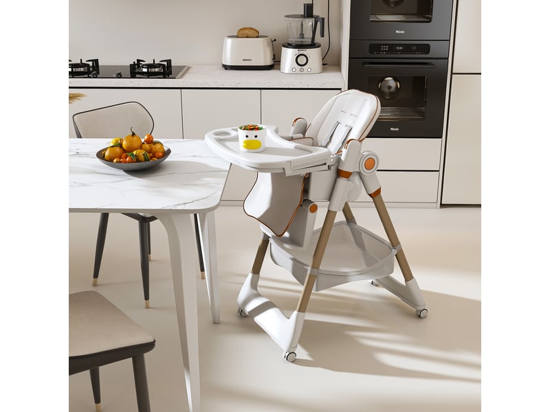 Chaise haute bébé pliable, dossier réglable, harnais 5 points, roulettes verrouillables, en polypropylène blanc - Conforama C