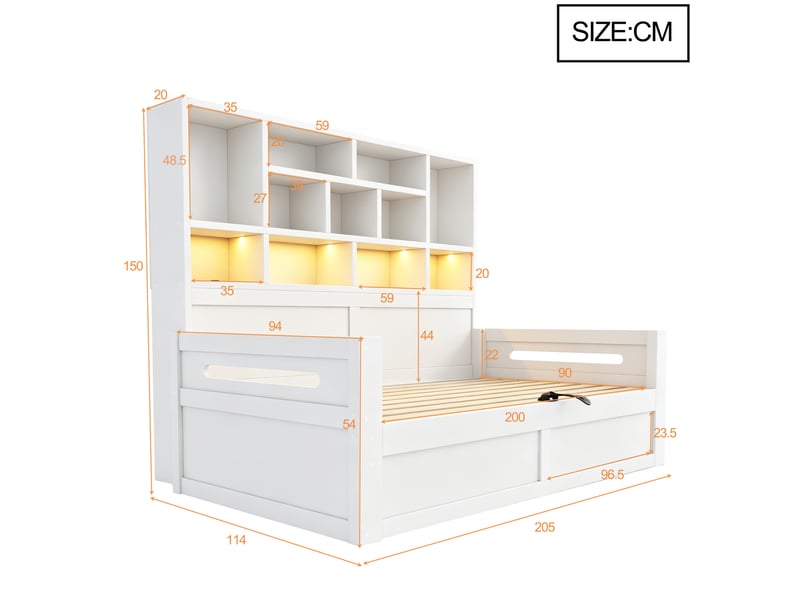  Lit coffre 1 place modenvie 90 x 200 cm avec led, prises et rangement mdf blanc  - Conforama C