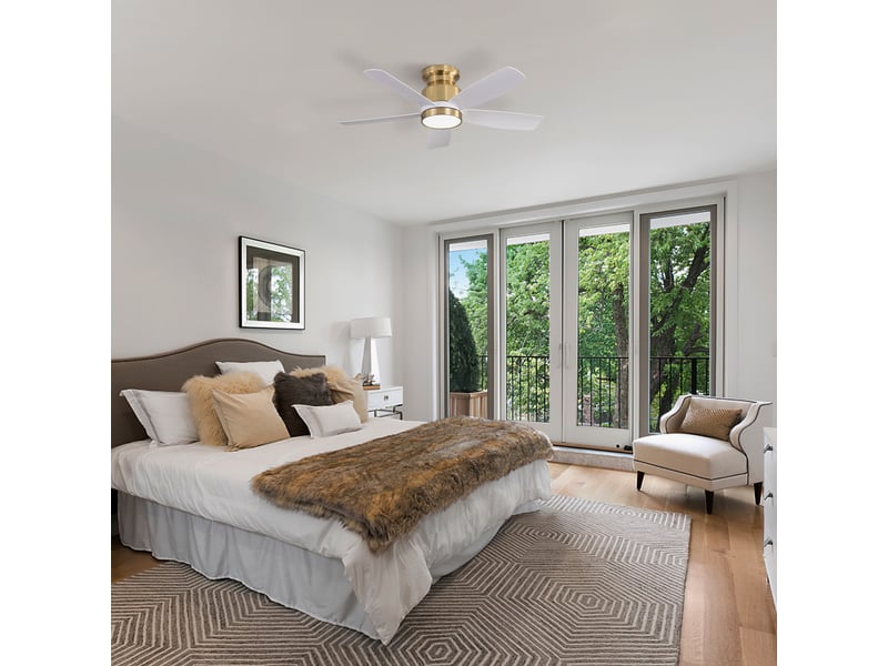Ventilateur de plafond avec éclairage led 106 cm, plafonnier silencieux avec télécommande pour chambre salon, plat 5 pales abs 6 vitesses, blanc et or - Conforama B
