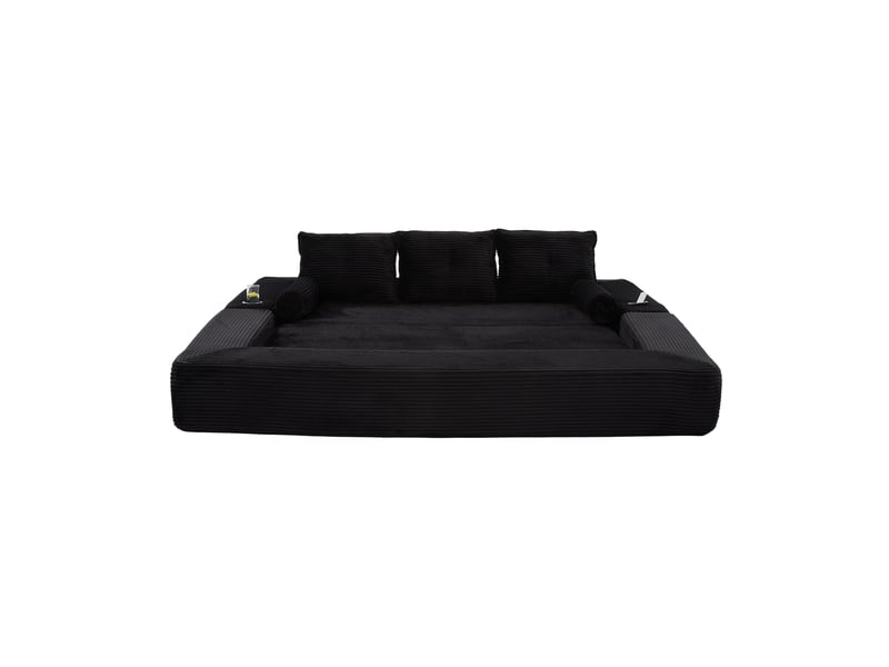 Canapé convertible 3 places en velours côtelé noir avec poches, porte-gobelets et coussins mémoire de forme - Conforama A