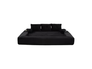 Canapé convertible 3 places en velours côtelé noir avec poches, porte-gobelets et coussins mémoire de forme